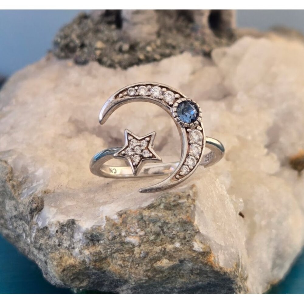 925 Sterling Silver Crystal Crescent Moon & Star Ring Adjustable Sapphire Clear